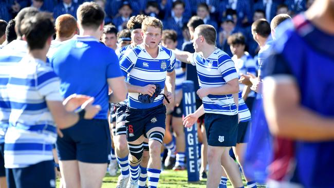 Nudgee College players run onto the ground GPS first XV Rugby union game between The Southport School v Nudgee College. Saturday July 16, 2022. Picture, John Gass