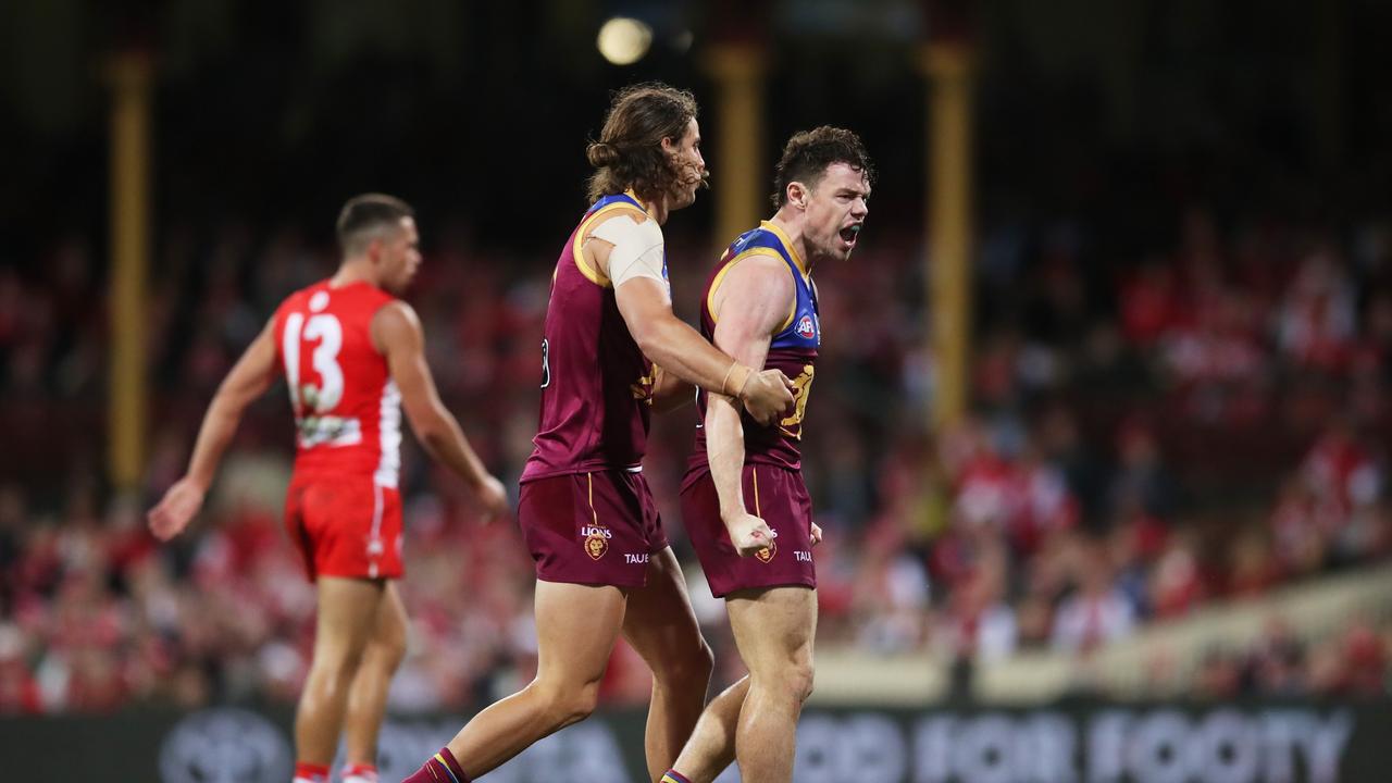 Lachie Neale (right) is enjoying his football this season. Picture: Matt King/AFL Photos/via Getty Images