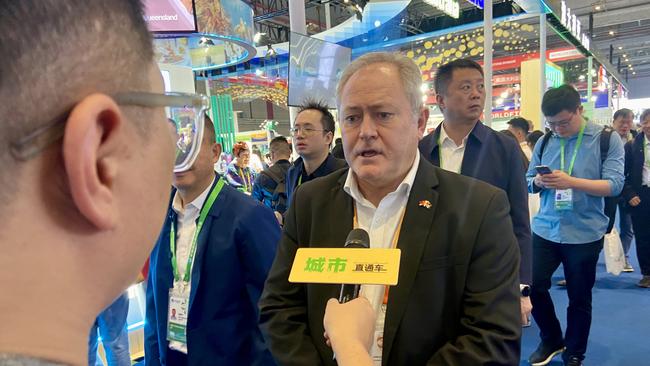 Avocados Australia chief executive John Tyas being interview by Chinese media at the China International Import Expo in Shanghai. Picture: Will Glasgow