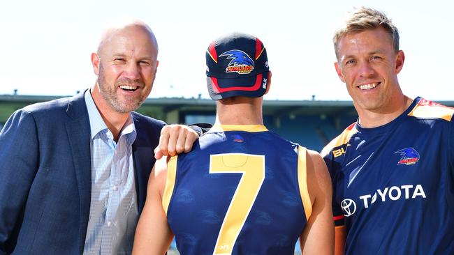 Crows chief operating officer Nigel Smart (left), picture with Nathan van Berlo (right), says we should get ready to see more AFL players streaming themselves playing games in COVID-19 imposed isolation. Picture: Mark Brake