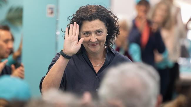 Kooyong MP Monique Ryan with her supporters at the Malvern campaign office on Sunday. Picture: Tony Gough