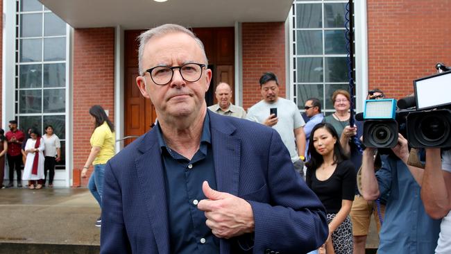 Labor leader Anthony Albanese and partner Jodie Haydon attended Easter Sunday service at St Monica’s Cathedral in Cairns, Queensland. Picture: Toby ZernaPicture: Toby Zerna