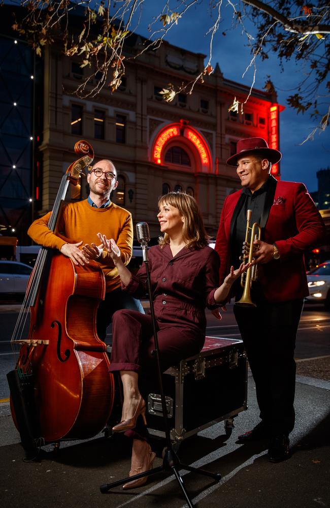 Double bass player Lyndon Gray, vocalist Jo Lawry and trumpeter Lazaro Numa will perform in A Night of Jazz at Her Majesty’s Theatre. Picture: Matt Turner.