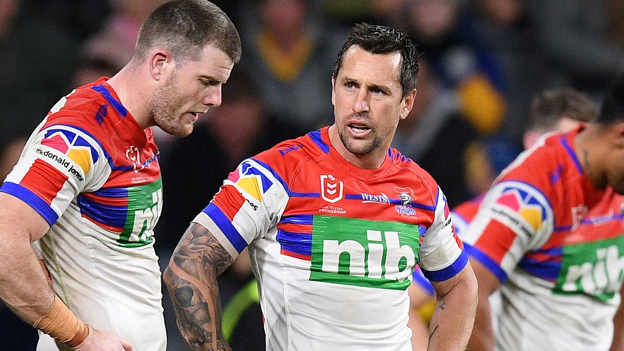 Mitchell Pearce of the Knights reacts during the match with Parramatta