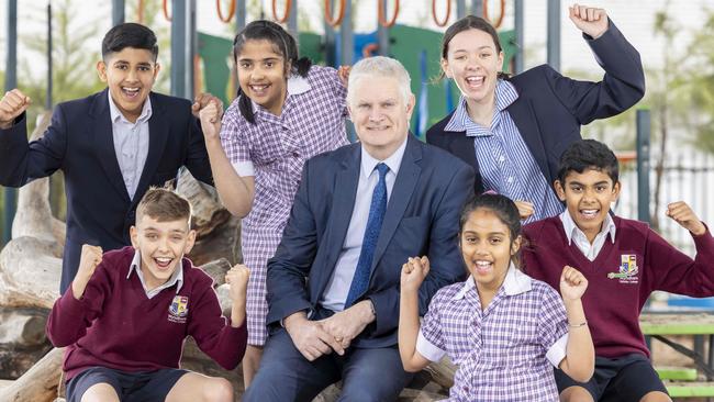 Principal Damien Higgins with students from Wyndham Christian School. Picture: Wayne Taylor