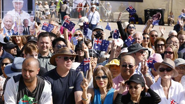 Crowds wait at the Sydney Opera House to see the King and Queen. Picture: NewsWire / Damian Shaw