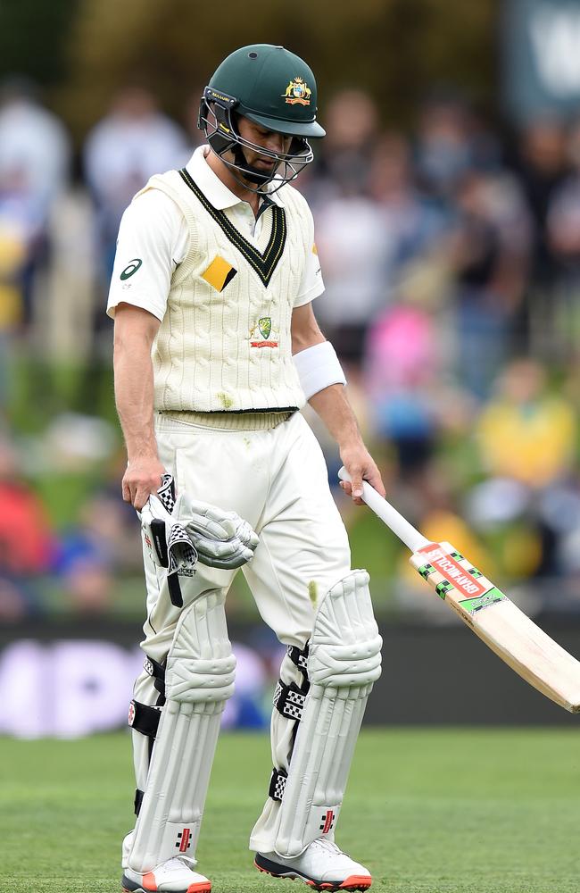 Australian batsman Callum Ferguson leaves the field after being run out for three runs in his one and only Test at Bellerive Oval in Hobart. Picture: AAP Image/Dave Hunt