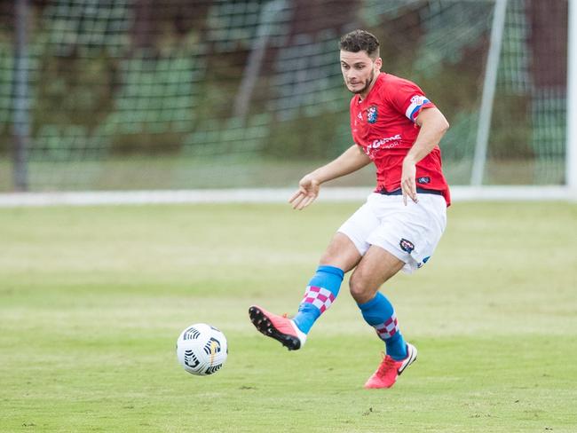 Gold Coast Knights captain Roman Hofmann in action against Capalaba FC. NPL Queensland 2021 Round 4 at Croatian Sports Complex. Photo: East End Digital