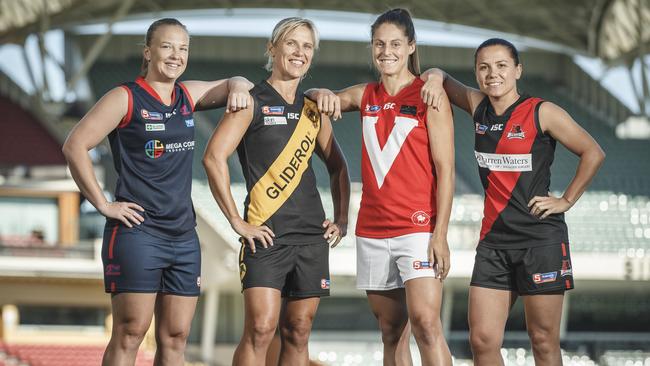 Norwood’s Rebekka McMahon, Glenelg’s Cassie Hartley, North Adelaide’s Jessica Edwards and West Adelaide’s Kirsty Degabriele. Picture: Mike Burton