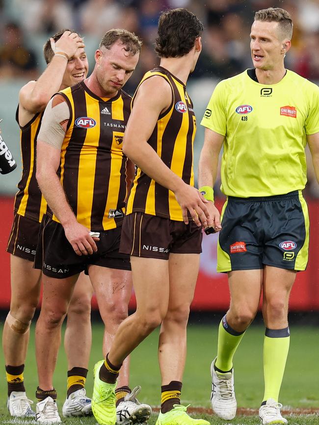 Tom Mitchell speaks with umpire Hayden Gavine after the free kick.