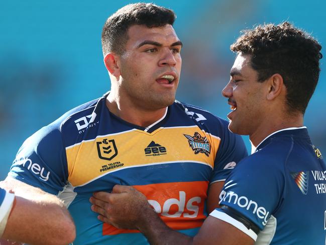 GOLD COAST, AUSTRALIA - APRIL 10: David Fifita of the Titans celebrates a try during the round five NRL match between the Gold Coast Titans and the Newcastle Knights at Cbus Super Stadium, on April 10, 2021, in Gold Coast, Australia. (Photo by Chris Hyde/Getty Images)