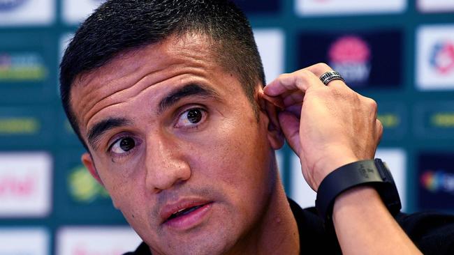 Tim Cahill at the press conference on Tuesday announcing his final game for the Socceroos. Picture: AFP