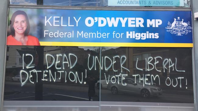 A vandal has hit out at the Federal Government’s treatment of refugees by graffitiing Higgins MP Kelly O’Dwyer’s Malvern office. Picture: supplied.