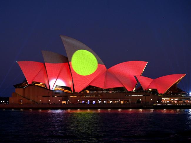 The Sydney Opera House is lit with the Aboriginal flag as a preview for tomorrowÃs Australia Day . Picture:  Jeremy Piper