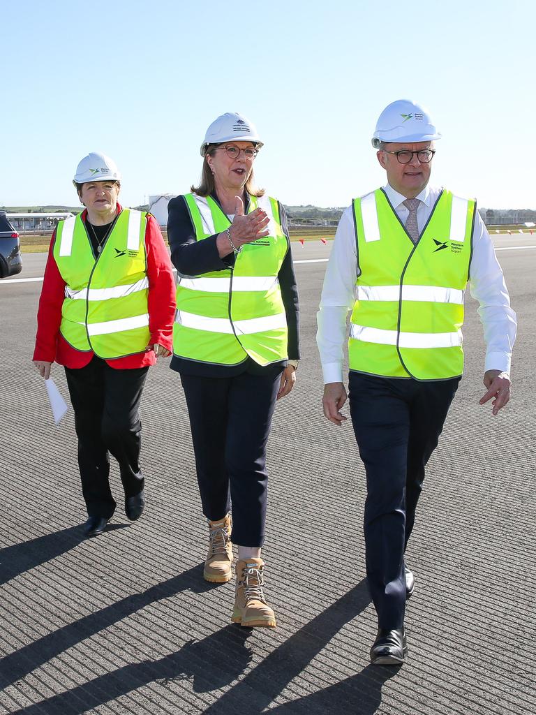 (R-L) Prime Minister Anthony Albanese, Transport Minister Catherine King and local MP Anne Stanley at Western Sydney Airport. Picture: NewsWire/Gaye Gerard