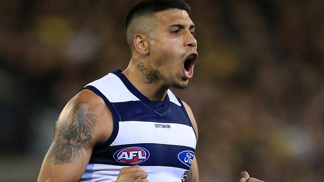 Kelly celebrates a goal during what would be his final game in Geelong colours. Picture: Mark Stewart