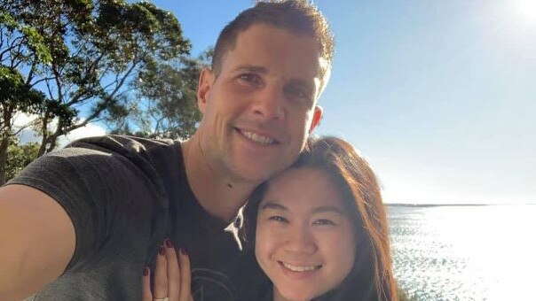 Shark attack victim Simon Nellist and his fiancee Jessie Ho on the day of their engagement.