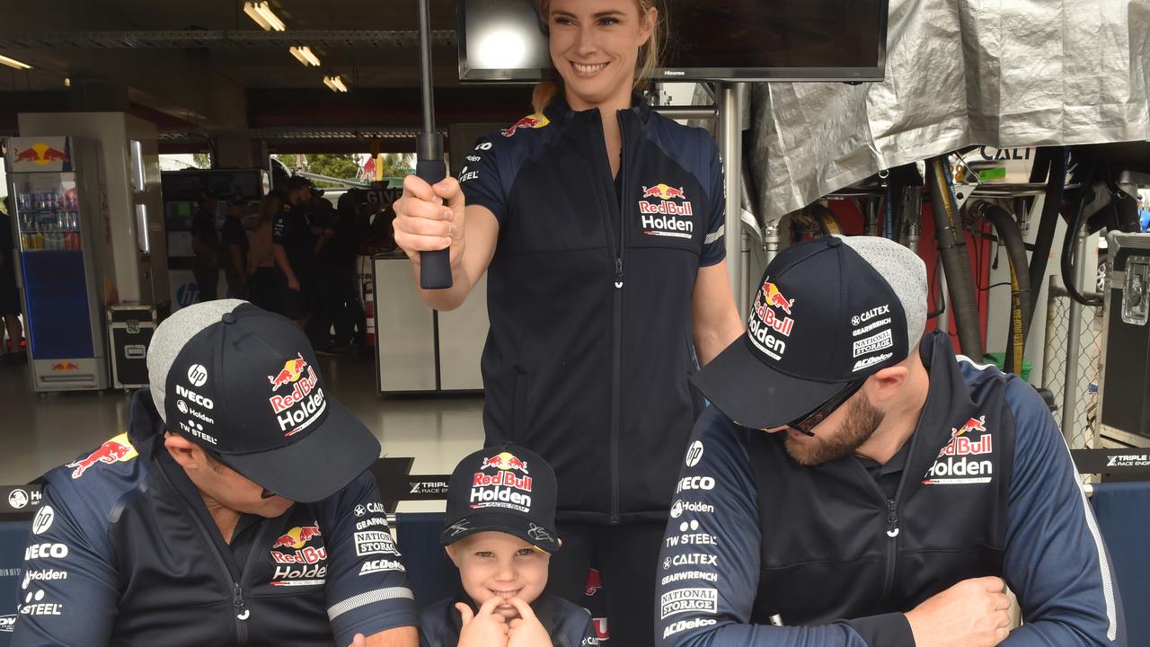 Watpac Townsville 400 Day One. Socials. Supercar drivers Jamie Whincup and Shane Van Gisbergen with Sam Asquith, 3, from Kirwan. Picture: Evan Morgan