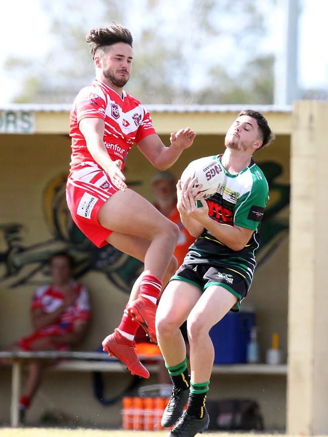 RLGC Round 3 match from Robert Dalley Park. Under 20's Helensvale Hornets vs. Currumbin Eagles. Coen Rankmore (L) and Cody Walker. 23 May 2021 Helensvale Picture by Richard Gosling