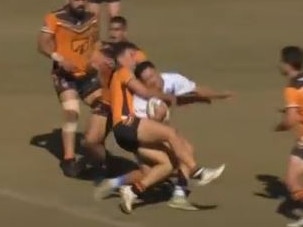 The tackle that injured Tugun's Reico Ratana in Rugby League Gold Coast A-grade clash. Picture: BarTV Sports.