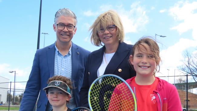 Tennis Tasmania general manager Darren Sturgess and vice president Pip Leedham with Launceston junior tennis players Edward Reid, 7, and Sophie Reid, 9, at the announcement of new tournaments in Launceston on Tuesday. Picture: Jon Tuxworth