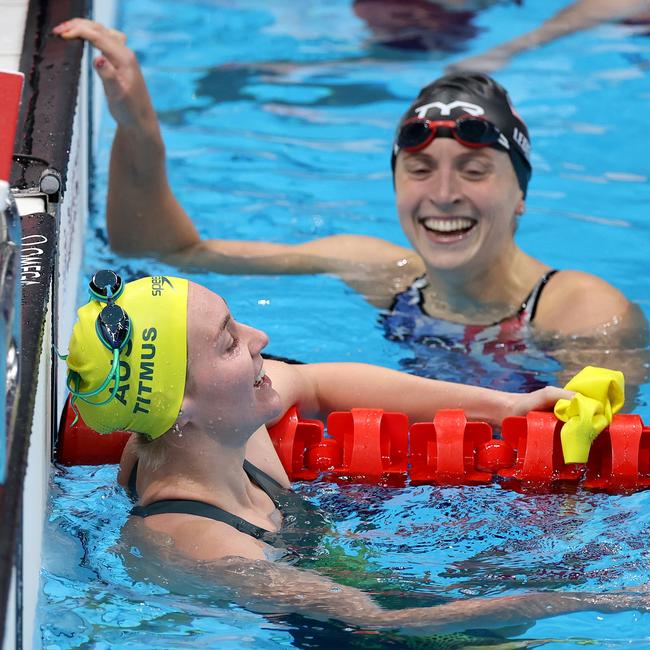 Ariarne Titmus and Katie Ledecky share a laugh after the Women's 400m Freestyle Final at the Tokyo Olympic Games. Picture Getty Images