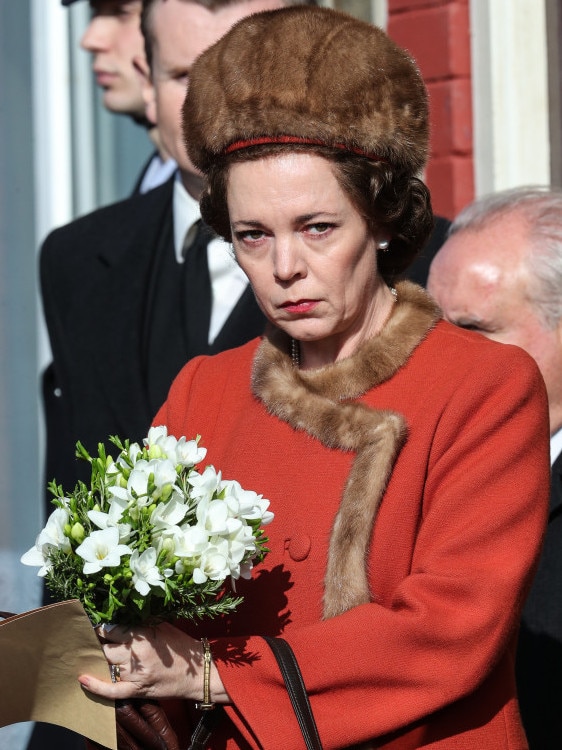 Oliva Coleman in The Crown, as Queen Elizabeth visiting Aberfan.