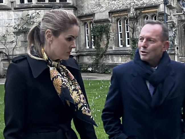 Sky News Australia presenter Peta Credlin and former prime minister Tony Abbott at Oriel College in Oxford, United Kingdom.