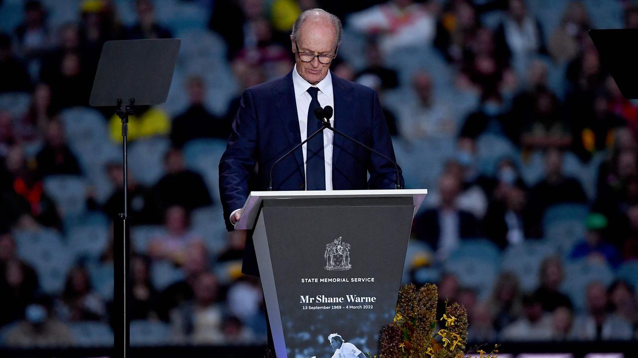 Keith Warne, father of Shane Warne, speaks during the state memorial service