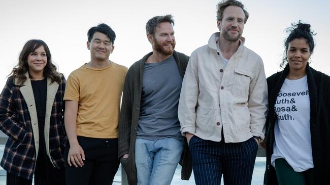 Long Story Short cast (from left) Dena Kaplan, Ronny Chieng, Josh Lawson, Rafe Spall and Zahra Newman. Picture: Maria Boyadgis/StudioCanal