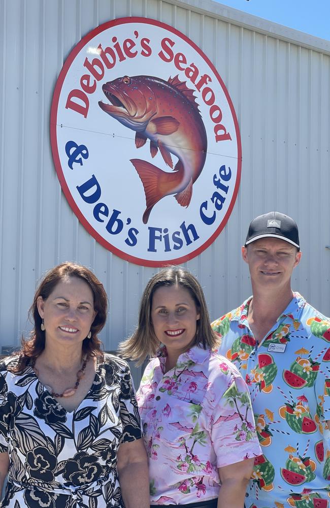 Debbie Ahern with daughter Natalie Fitzgerald, business manager and son-in-law Craig Fitzgerald outside Debbie’s Seafood. Photo: Zoe Devenport