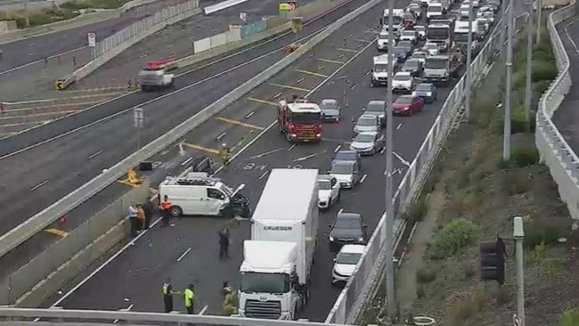 Traffic piled upa fter a multi-car crash on the Western Freeway in Melbourne. Picture: Nine