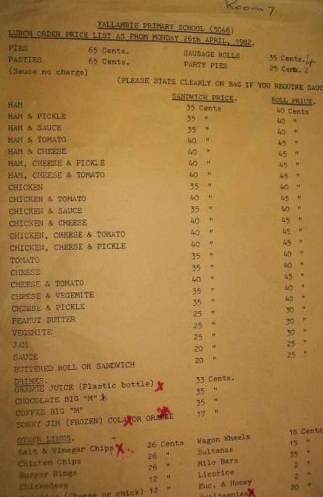 The Yallambie Primary School lunch order menu from April 1982. Picture: Supplied