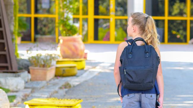 Happy kid Back to school. Child little girl with bag go to elementary school. Child of primary school. Pupil go study with backpack. Back View. Source: iStock