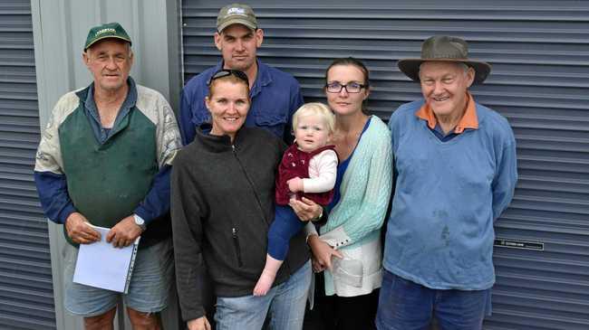 FRIGHT: Farmers have suffered enough from the trigger map debacle, according to Goomboorian and Gympie residents Peter Buchanan, Alex Long, Leanne Long (holding Georgia Wyllie), Alison Wyllie and Col Mellor. Picture: Arthur Gorrie