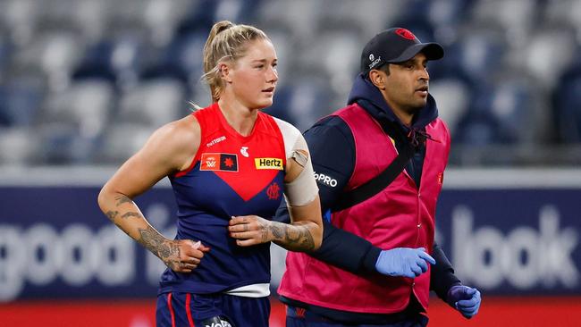 Tayla Harris of the Demons hurt her shoulder in the opening round of the AFLW season. (Photo by Dylan Burns/AFL Photos via Getty Images)