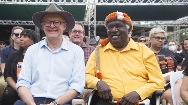 Anthony Albanese with Yothu Yindi Foundation chair Galarrwuy Yunupingu at the Garma Festival on Friday. Picture: AAP