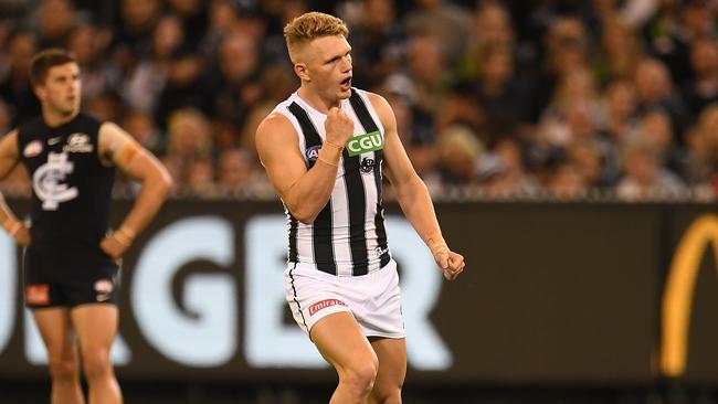 Adam Treloar celebrates kicking a goal last week. Picture: AAP