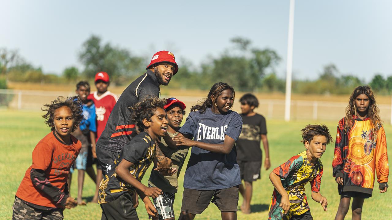 Dolphins star Hamiso Tabuai-Fidow is spending his side's bye round in Darwin, helping develop rugby league in the Northern Territory. Picture: Supplied.