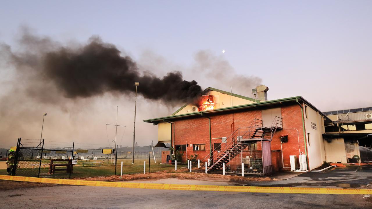 Flames burst from the roof of the Cudgen Leagues club as Queensland Fire Brigade Officers assist local Kingscliff and Tweed Units to fight the fire .Photo Scott Powick Newscorp