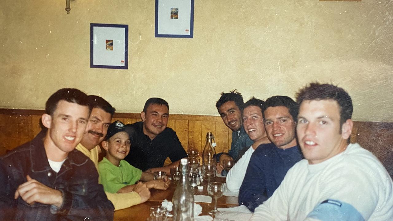 Kostya Tszyu with a young Tim Tszyu and Tszyu’s manager Glen Jennings with Newcastle Knights players Andrew Johns, Kurt Gidley and Danny Buderus.