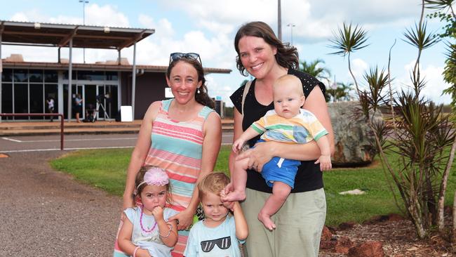 onlookers at Gove Airport Shannon Roeduger, Adele Purdey, Zoe Roediger, Josiah Purdey and bub Theo Purdey after seeing Prince Charles Picture: Keri Megelus