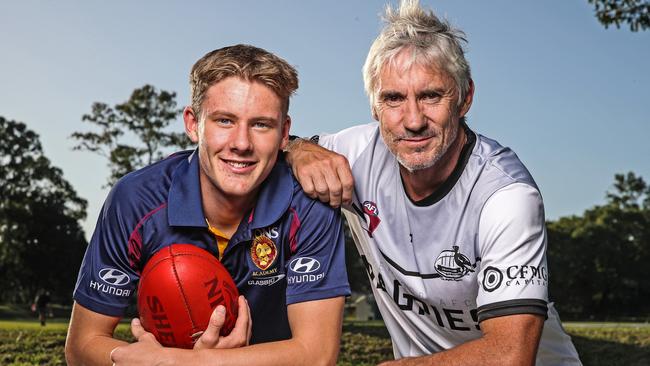 Former Lions player Adrian Fletcher alongside son Jaspa Fletcher, who has been training with the Lions this pre-season. Picture: Zak Simmonds