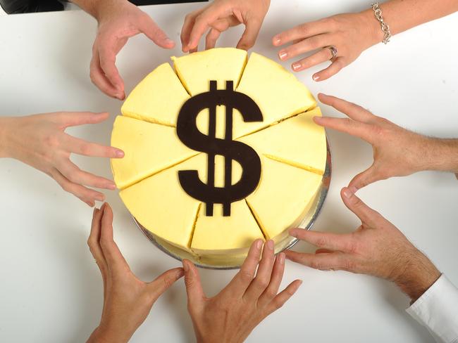 Your Money superannuation generic images. Hands reaching out to take a slice of super cake with dollar sign on top.