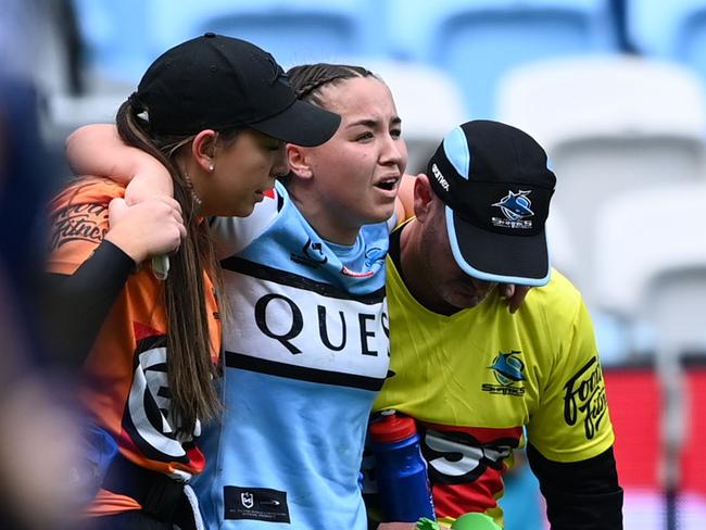 Cronulla Sharks star Jada Taylor is taken from the field with an ACL injury suffered during their NRLW clash with the Parramatta Eels. Picture: NRL Photos