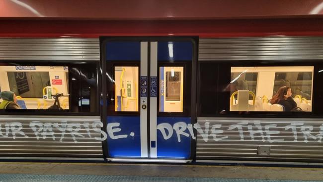 An Adelaide Metro train has been vandalised with profanities ahead of planned strike action. Picture: Supplied