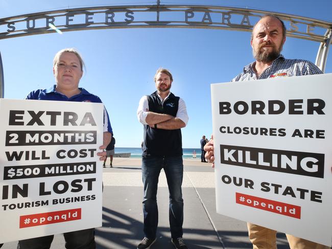 Gold Coast tourism operators rally together driving en masse through Surfers Paradise to protest the proposed border closures until September. The rally was called toot for Tourism.Sarah Colgate from Aquaduck, Anthony Ardern from Whales in Paradise and Greg Daven from Hot Air let their feelings be known..Picture Glenn Hampson