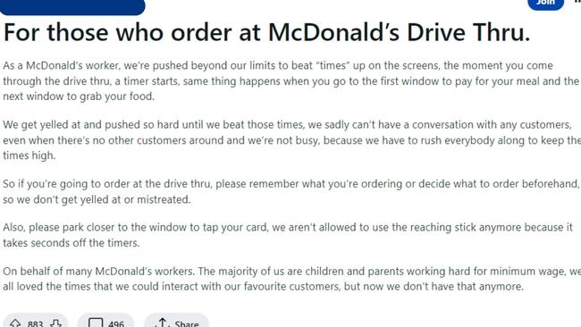 The McDonald's revealed staff were under tight time pressures with each transaction. Picture: Reddit.