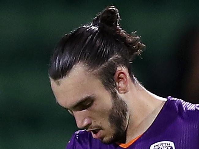 Nicholas D'Agostino of Perth Glory celebrates scoring a goa during the Round 17 A-League match between Perth Glory and Melbourne Victory at HBF Park in Perth, Saturday, February 1, 2020. (AAP Image/Gary Day) NO ARCHIVING, EDITORIAL USE ONLY