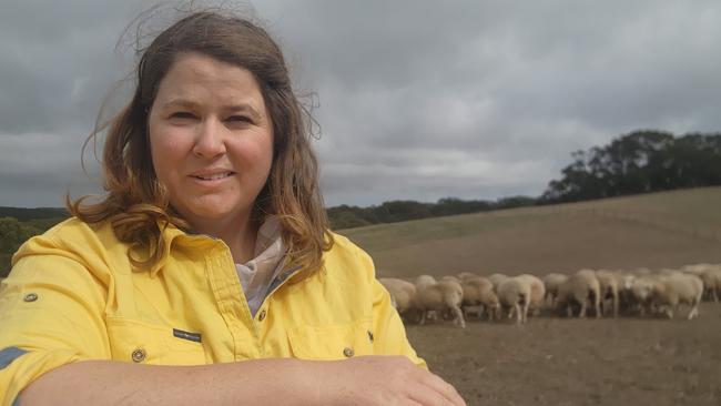 Sammy McIntyre of Hillstream at Parawa in South Australia with some of her composite sheep flock.